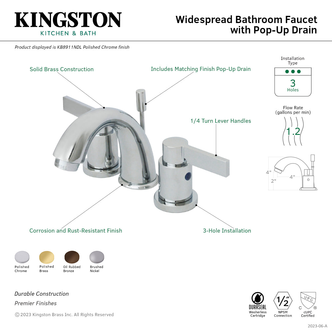 Kingston Tulare KB8915NDL - NuvoFusion Two-Handle 3-Hole Deck Mount Widespread Bathroom Faucet with Pop-Up Drain, Oil Rubbed Bronze — thumbnail 3